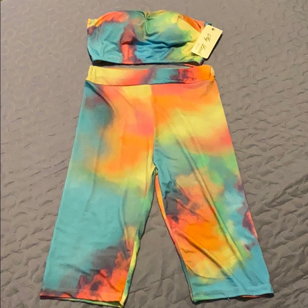 TURQ/BLUE TIE DYE BANDEAU CO ORD SET